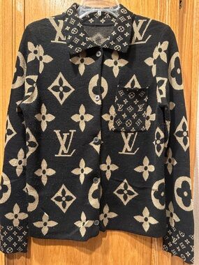 Fabulous Designer Inspired Black & Cream Monogram Style Wool Sweater Cardigan ML